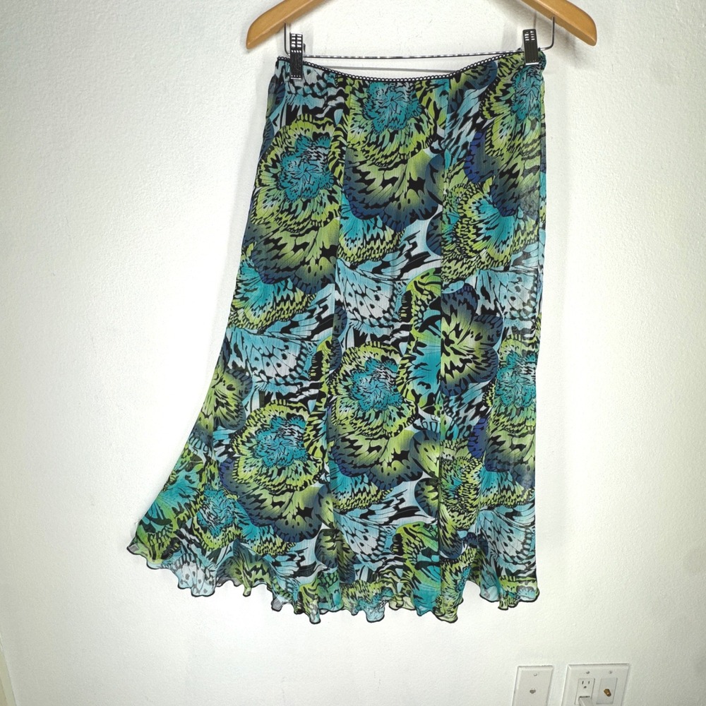 Vintage Butterfly Print Chiffon Midi Skirt Green Blue Medium Fairy Ethereal Y2K
